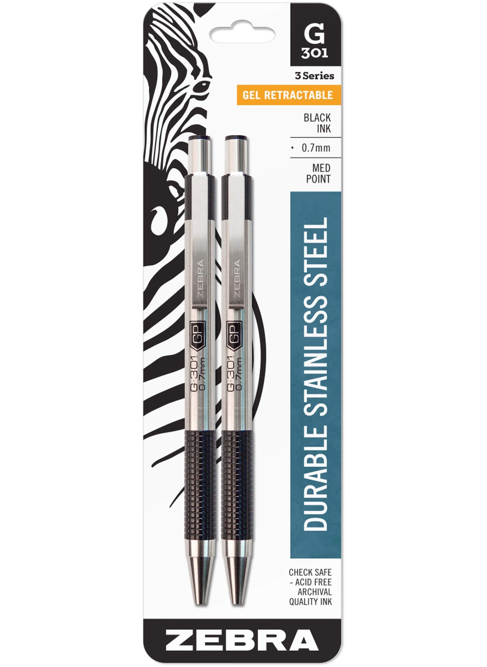 ZEBRA Zebra Pen G-301 Retractable Gel Ink Pen, Stainless Steel Barrel, Medium Point, 0.7mm, Black Ink, 2-Pack  - Image 2
