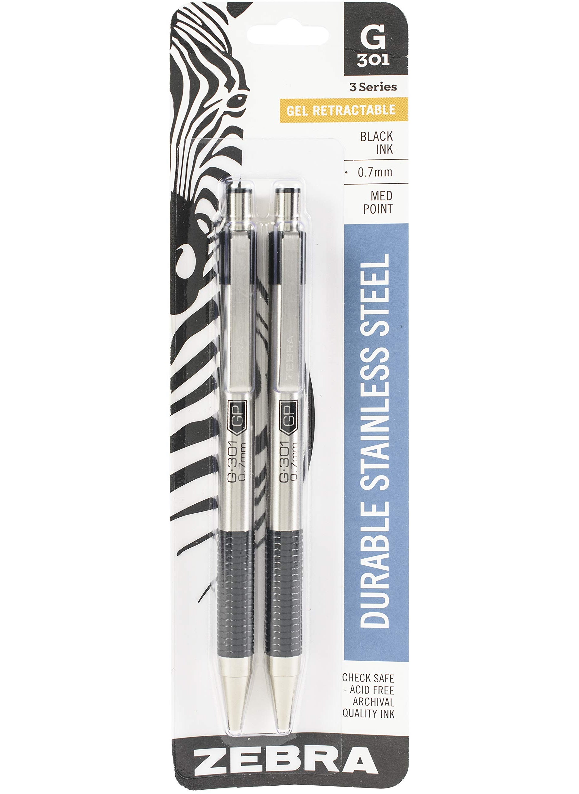 ZEBRA Zebra Pen G-301 Retractable Gel Ink Pen, Stainless Steel Barrel, Medium Point, 0.7mm, Black Ink, 2-Pack  - Image 1