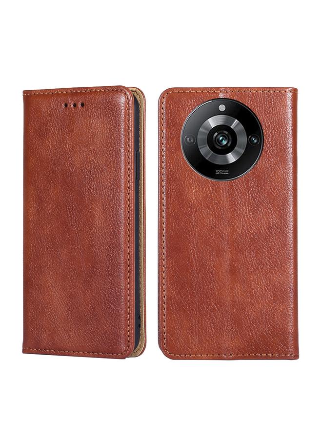 اس-توب جراب هاتف Realme 11 Pro / 11 Pro+ 5G، جراب هاتف جلدي مغناطيسي بلون سادة لامع وزيتي - Image 1