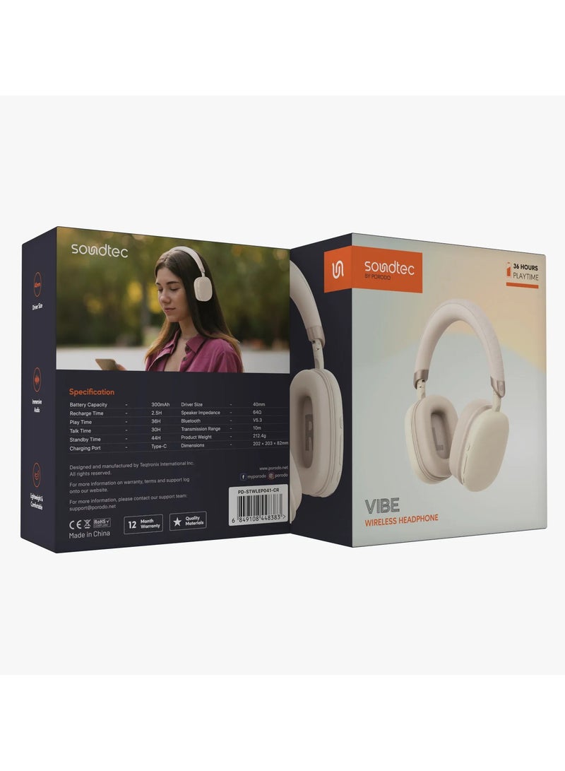 porodo Vibe Wireless Headphone / Lightweight & Comfortable / Immersive Audio / Extended Battery Life / Stable and Fast Connection Bluetooth v5.3 /Over ear headphone with built in microphone - Cream - Image 4