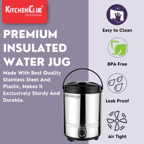 KITCHEN CLUE Stainless Steel Water Jug/Mayur Jug for Home Kitchen Office I Insulated Steel Water Jug 8 Liters, Silver I Hot Teal Flas/Jar/Containers with Leak Proof Tap I PUF Insulation I Durable - Image 4