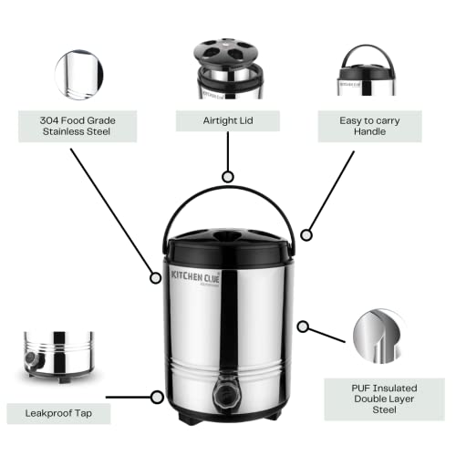 KITCHEN CLUE Stainless Steel Water Jug/Mayur Jug for Home Kitchen Office I Insulated Steel Water Jug 8 Liters, Silver I Hot Teal Flas/Jar/Containers with Leak Proof Tap I PUF Insulation I Durable - Image 3