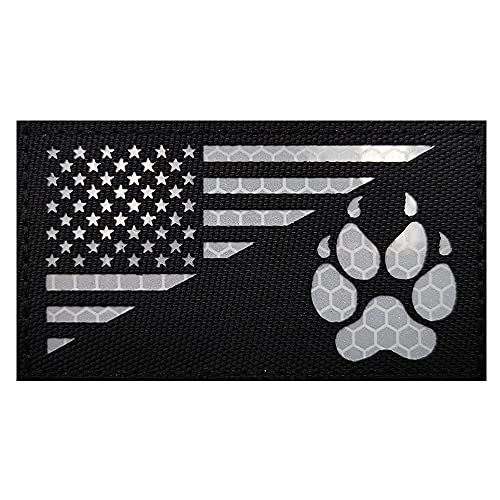 EHOPE IR Reflective Service Dog Patch US Flag Tactical Dog Paw Patches Vests/Harnesses Fastener Hook & Loop Patch (3.54 * 1.97In- Dog Paw-Black+White) - Image 1