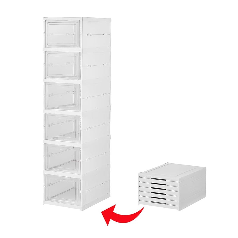FUYUN Plastic Shoe Organizer Stackable and Foldable 6Tier Shoe Boxes for Closet Clear and SpaceSaving Sneaker Containers No Assembly Required