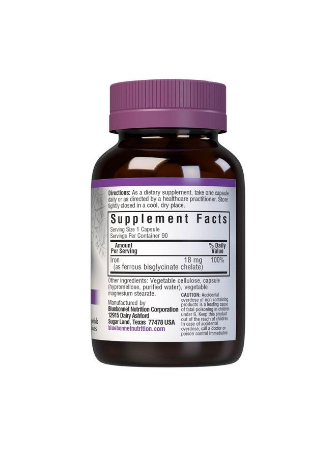 Bluebonnet Nutrition Chelated Iron 18 mg - non-constipating Iron - Soy-Free, Gluten-Free, Non-GMO, Kosher Certified, Dairy-Free, Vegan - 90 Vegetable Capsules, 90 Servings - Image 2