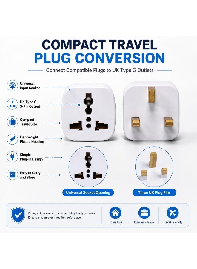 Universal to UK Plug Adapter, Compact 3-Pin Type G Travel Socket Converter for EU, US, AU and International Plugs, Portable White Power Adaptor for UAE, UK, Hong Kong and Travel - Image 2