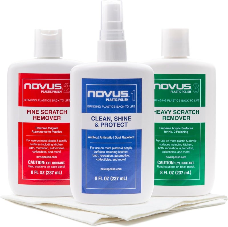 NOVUS مجموعة NOVUS الكاملة للعناية بالبلاستيك - تنظيف وتألق #1، مزيل الخدوش الدقيقة #2، مزيل الخدوش الثقيلة #3 مع عبوة من مناديل التلميع - زجاجات سعة 8 أونصات - Image 1
