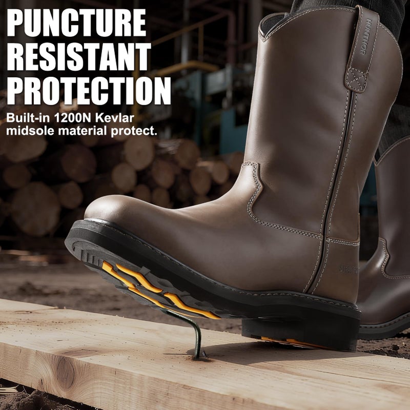 Hunthor Men's Steel Toe Work Boots - Puncture Proof with EVA Mid-Sole, GoodyearWelt, Full-Grain Leather, Oil & Slip Resistant, Wellington Put On Design - Ideal for Construction, Farming (Dark Brown, Size 7) - Image 4