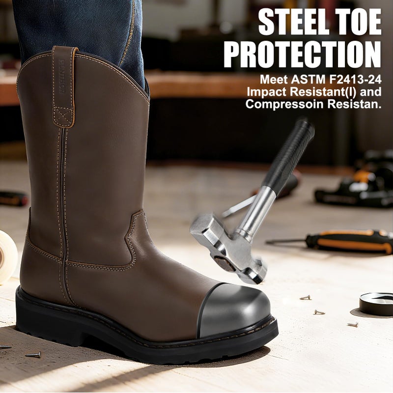 Hunthor Men's Steel Toe Work Boots - Puncture Proof with EVA Mid-Sole, GoodyearWelt, Full-Grain Leather, Oil & Slip Resistant, Wellington Put On Design - Ideal for Construction, Farming (Dark Brown, Size 7) - Image 3