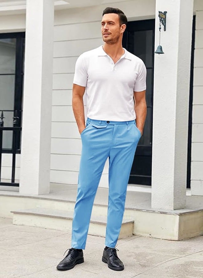 Coutgo Mens Elastic Waist Loose Fit Casual Pants Lightweight Comfort Stretch Relax Beach Lounge Trousers, Blue, M - Image 3