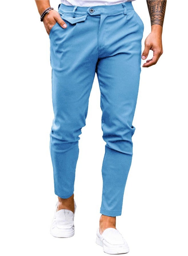 Coutgo Mens Elastic Waist Loose Fit Casual Pants Lightweight Comfort Stretch Relax Beach Lounge Trousers, Blue, M - Image 1