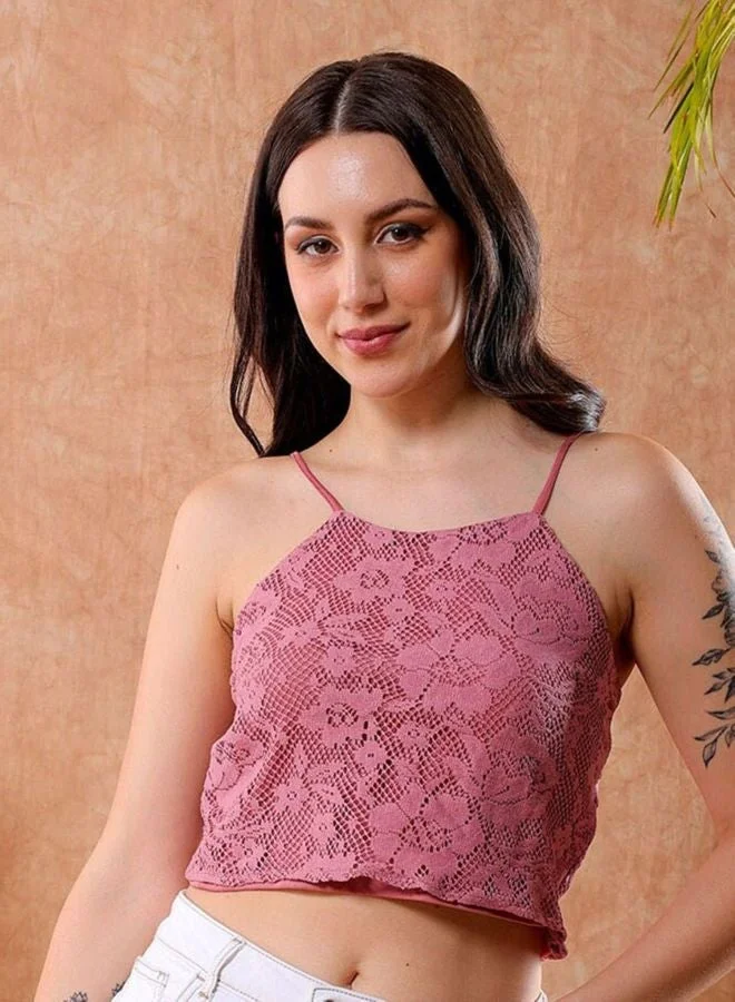 Freehand Women Regular Fit Lace Round Neck Sleeveless Cami Top