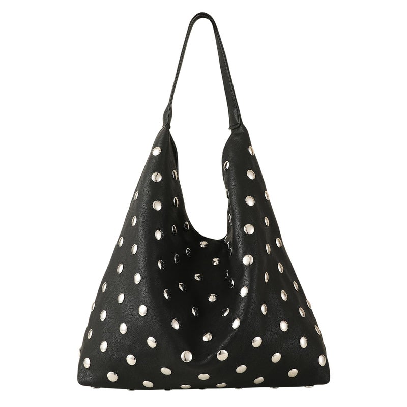 YLYYHH Vegan Leather Hobo Bag for Women, Y2K Purse Rivet Studded Shoulder Bag, Designer Punk Handbag, Slouchy Leather Tote Bag for Work, Travel, Black - Image 1