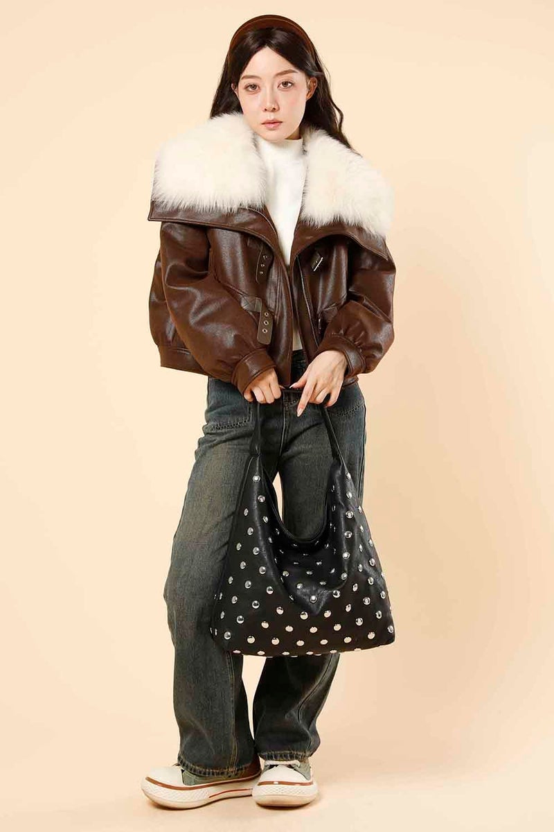 YLYYHH Vegan Leather Hobo Bag for Women, Y2K Purse Rivet Studded Shoulder Bag, Designer Punk Handbag, Slouchy Leather Tote Bag for Work, Travel, Black - Image 3