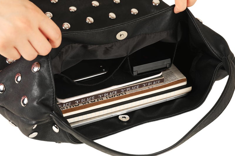 YLYYHH Vegan Leather Hobo Bag for Women, Y2K Purse Rivet Studded Shoulder Bag, Designer Punk Handbag, Slouchy Leather Tote Bag for Work, Travel, Black - Image 2