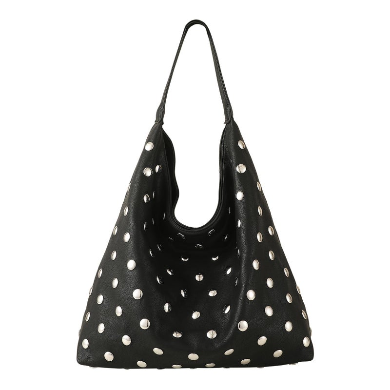 YLYYHH Vegan Leather Hobo Bag for Women, Y2K Purse Rivet Studded Shoulder Bag, Designer Punk Handbag, Slouchy Leather Tote Bag for Work, Travel, Black - Image 4