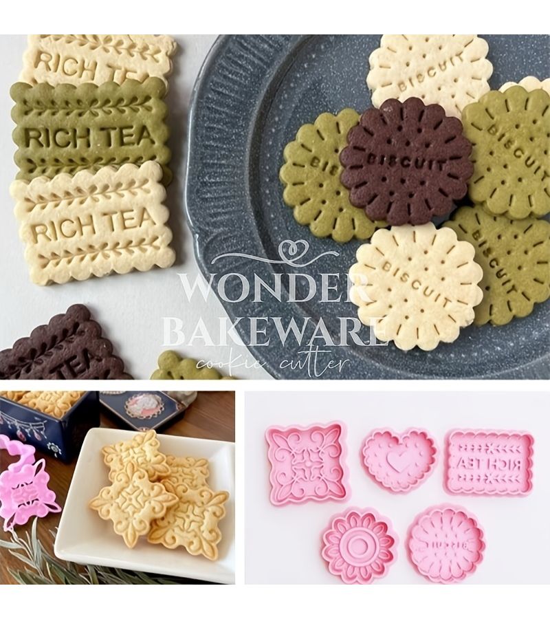 05 Color Classic Retro 3D Embossed Biscuit Mold Lace Heart Round Rectangle Cookie Cutter Baking Tool - Image 1