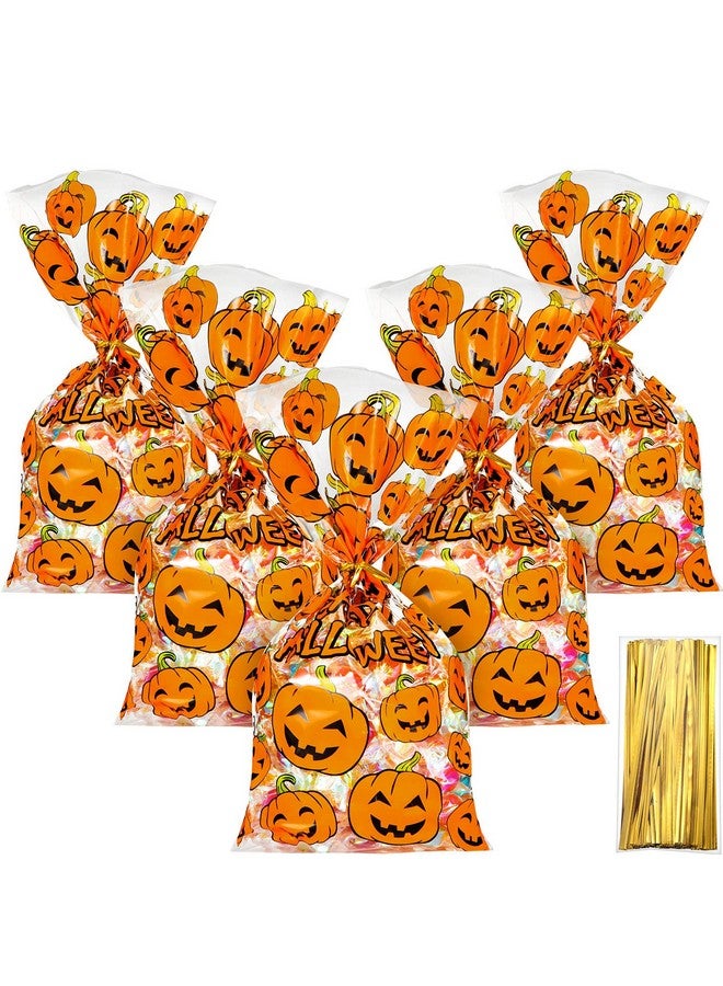 HESTYA 50 Counts 15 x 25 cm Flat Clear Cellophane Treat Bags Block Bottom Pumpkin Halloween Patterned Storage Bags Sweet Bags with 300 Pieces Twist Ties for Halloween Christmas Party Favor(Style D) - Image 1