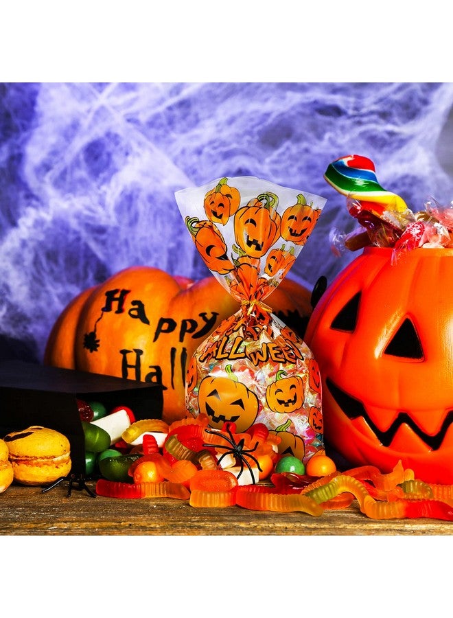 HESTYA 50 Counts 15 x 25 cm Flat Clear Cellophane Treat Bags Block Bottom Pumpkin Halloween Patterned Storage Bags Sweet Bags with 300 Pieces Twist Ties for Halloween Christmas Party Favor(Style D) - Image 5