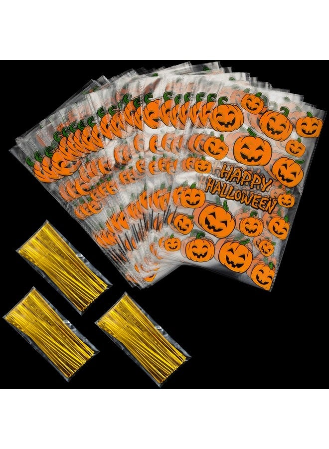 HESTYA 50 Counts 15 x 25 cm Flat Clear Cellophane Treat Bags Block Bottom Pumpkin Halloween Patterned Storage Bags Sweet Bags with 300 Pieces Twist Ties for Halloween Christmas Party Favor(Style D) - Image 2