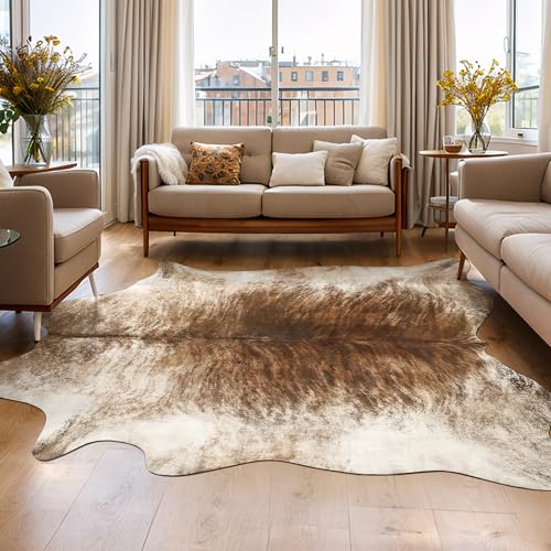 AROGAN Western Decor Faux Fur Cowhide Rug, 4.6 x 5.2 Feet Premium Animal Skin Cow Hide Rug, Sturdy Cow Print Rugs for Wall Decor, Western Floor Carpet for Bedroom Living Room, Brownish - Image 1