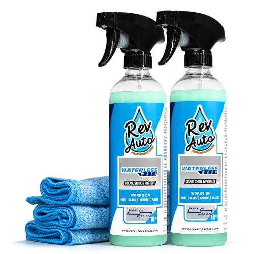 Rev Auto Waterless Car Wash Kit - Cleans Vehicles Without Water Source/Includes Two 16oz Waterless Wash Spray Cleaner and Microfiber Towels | Car Exterior Cleaner | No Rinse Car Wash Cleaning Spray - Image 1