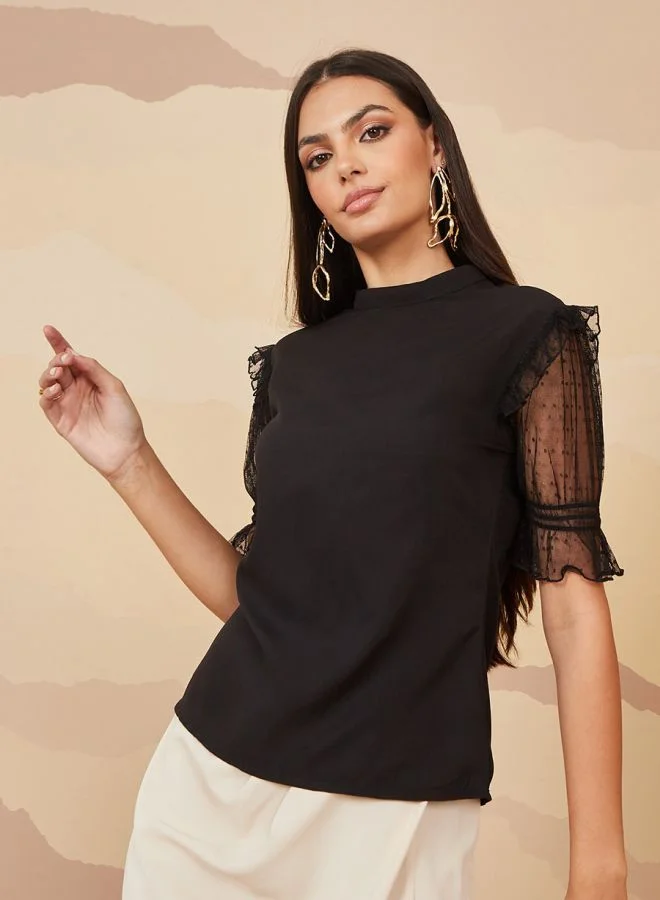 Styli Mesh Sleeve High Neck Regular Length Top