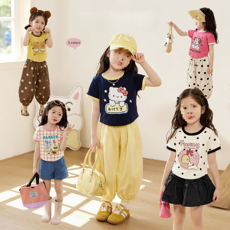 Girls' Summer Sweet Cartoon Printed Short-Sleeved T-Shirt Styish Plaid Short-Sleeved Dot All-Match T-Shirt Trendy 0050A051 - Image 2
