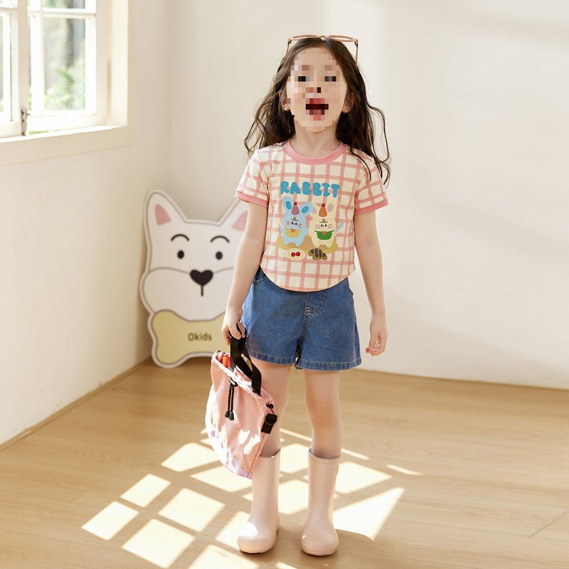 Girls' Summer Sweet Cartoon Printed Short-Sleeved T-Shirt Styish Plaid Short-Sleeved Dot All-Match T-Shirt Trendy 0050A051 - Image 1