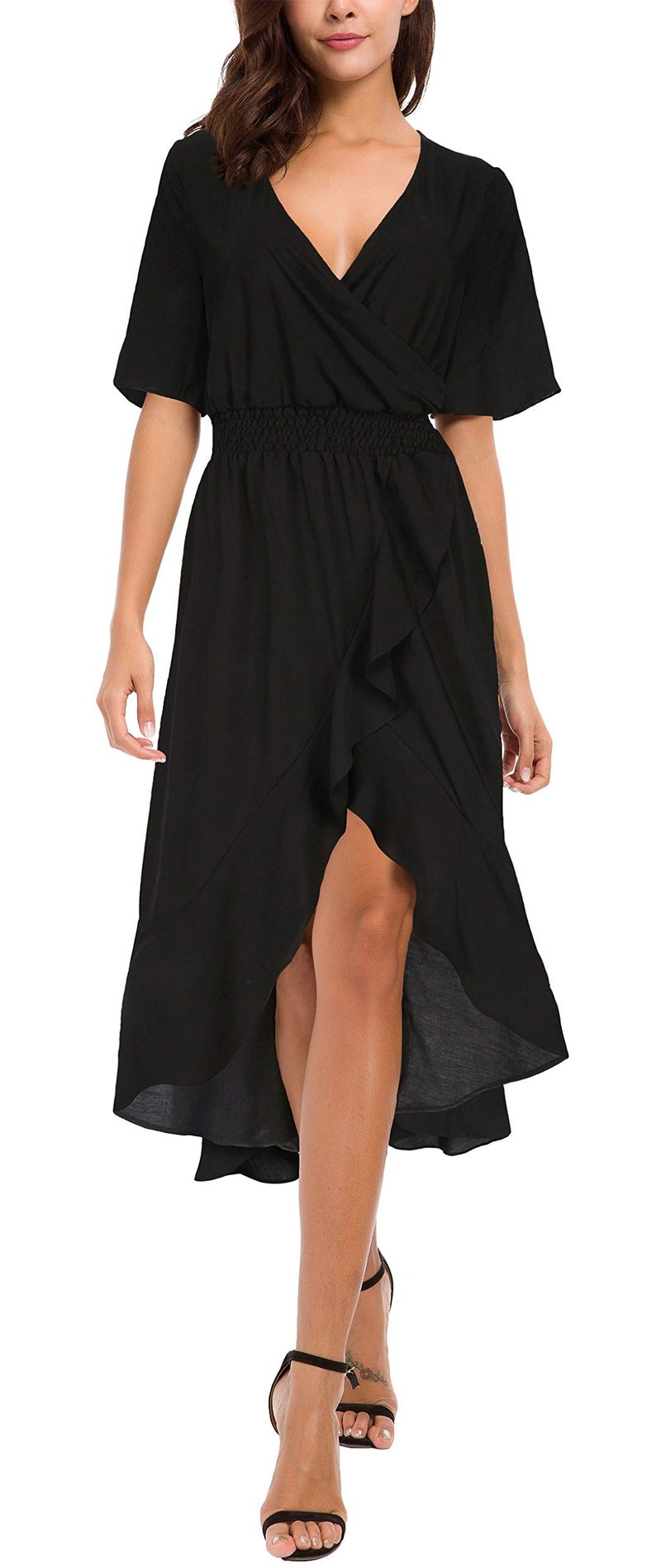 Kormei Womens Short Sleeve Floral High Low VNeck Flowy Party Long Maxi Dress 2XL Black