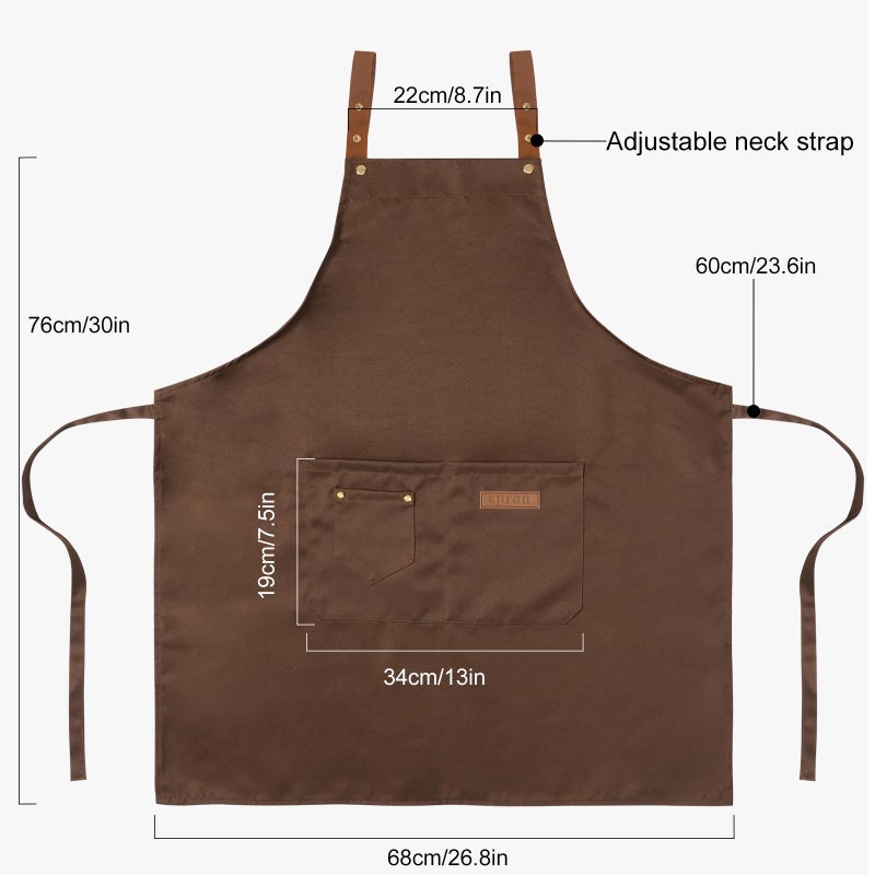 DILLMAN Art Aprons for Men Women Painting Pottery Baking, H Back Straps Waterdrop Kitchen Chef Cooking Apron with Pockets (Brown) - Image 3
