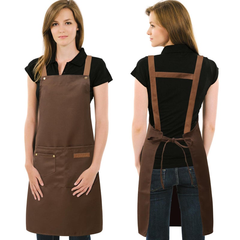 DILLMAN Art Aprons for Men Women Painting Pottery Baking, H Back Straps Waterdrop Kitchen Chef Cooking Apron with Pockets (Brown) - Image 1