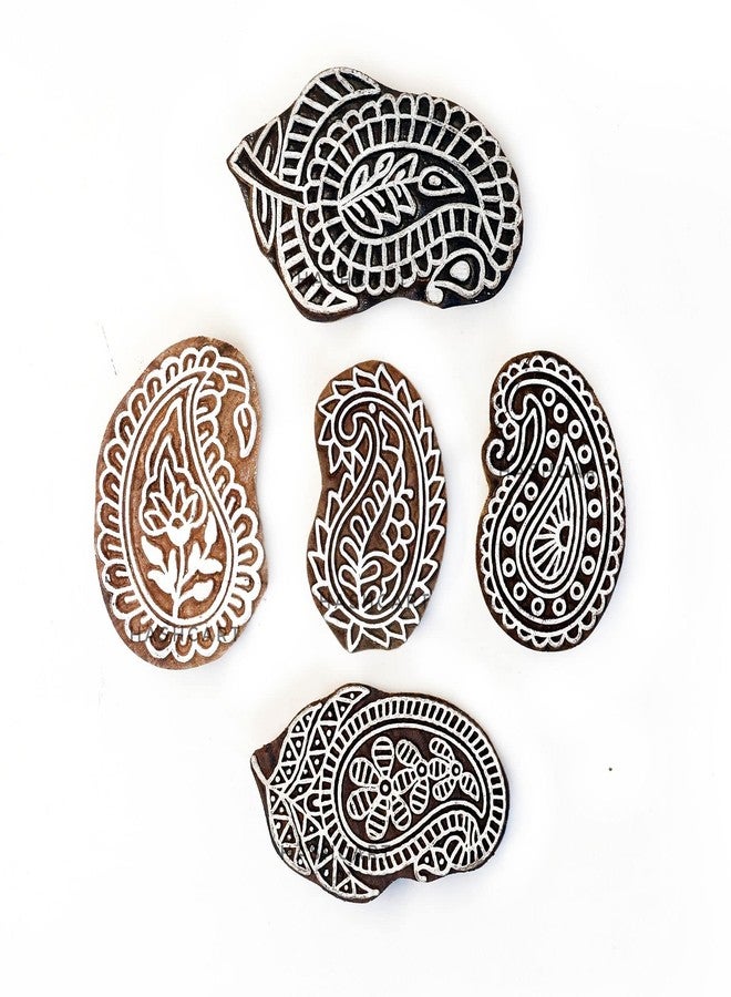 TwoGrams | Set of 5 | Wooden Indian Traditional Paisley Floral Design Printing Stamps/Blocks for Printing Saree Border/Dresses/Craft Card Making/Scrapbook/Clay Pottery - Image 1