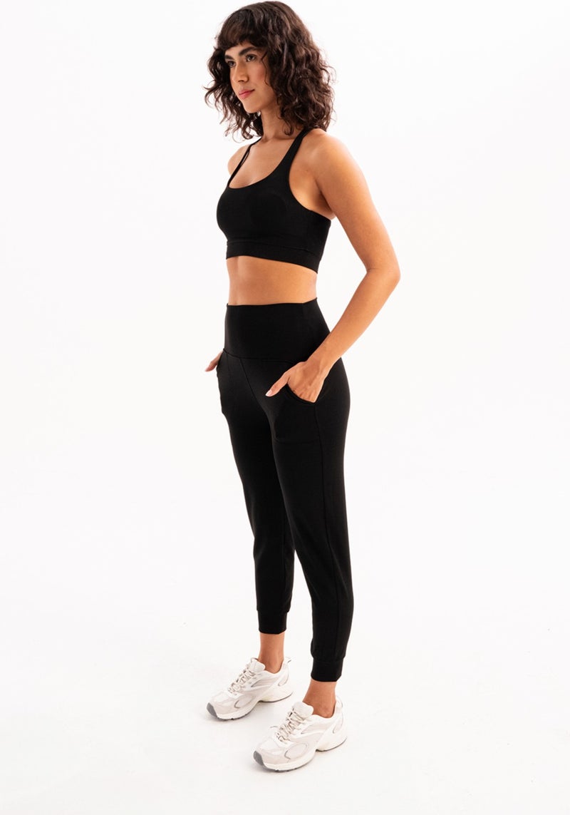 Justever High Waist Elastic Pocket Relaxed Cut Slimming Jogger Black Women's Sweatpants - Beat  - Image 4