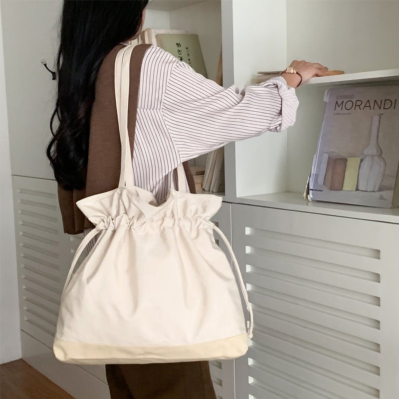 Ins Korean Style Shoulder Bag Large Capacity Nylon Cloth Bag Lazy Style Fashionable Simple Solid Color Drawstring Women'S Shoulder Bag - Image 2