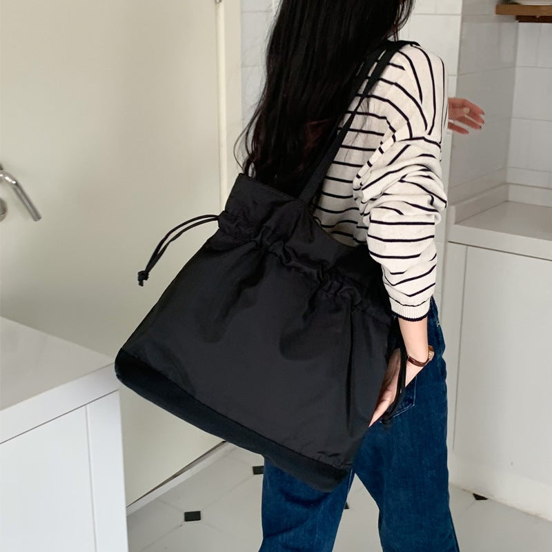 Ins Korean Style Shoulder Bag Large Capacity Nylon Cloth Bag Lazy Style Fashionable Simple Solid Color Drawstring Women'S Shoulder Bag - Image 3