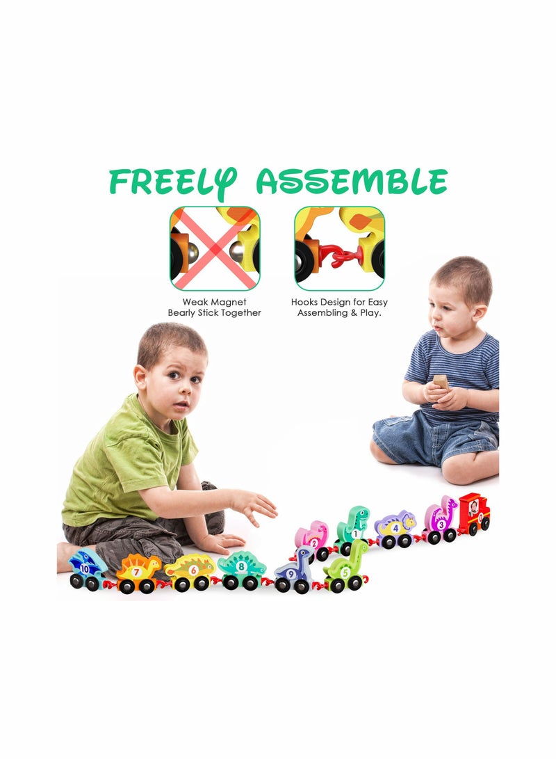 Wooden Dinosaur Train Set with Numbers,11 Pieces Train Cars Includes Locomotive , Count  Color Montessori Educational Toys for Toddlers Age 1 2 3 4 - Image 4
