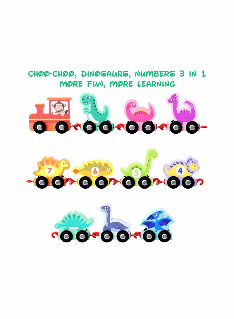 Wooden Dinosaur Train Set with Numbers,11 Pieces Train Cars Includes Locomotive , Count  Color Montessori Educational Toys for Toddlers Age 1 2 3 4 - Image 2