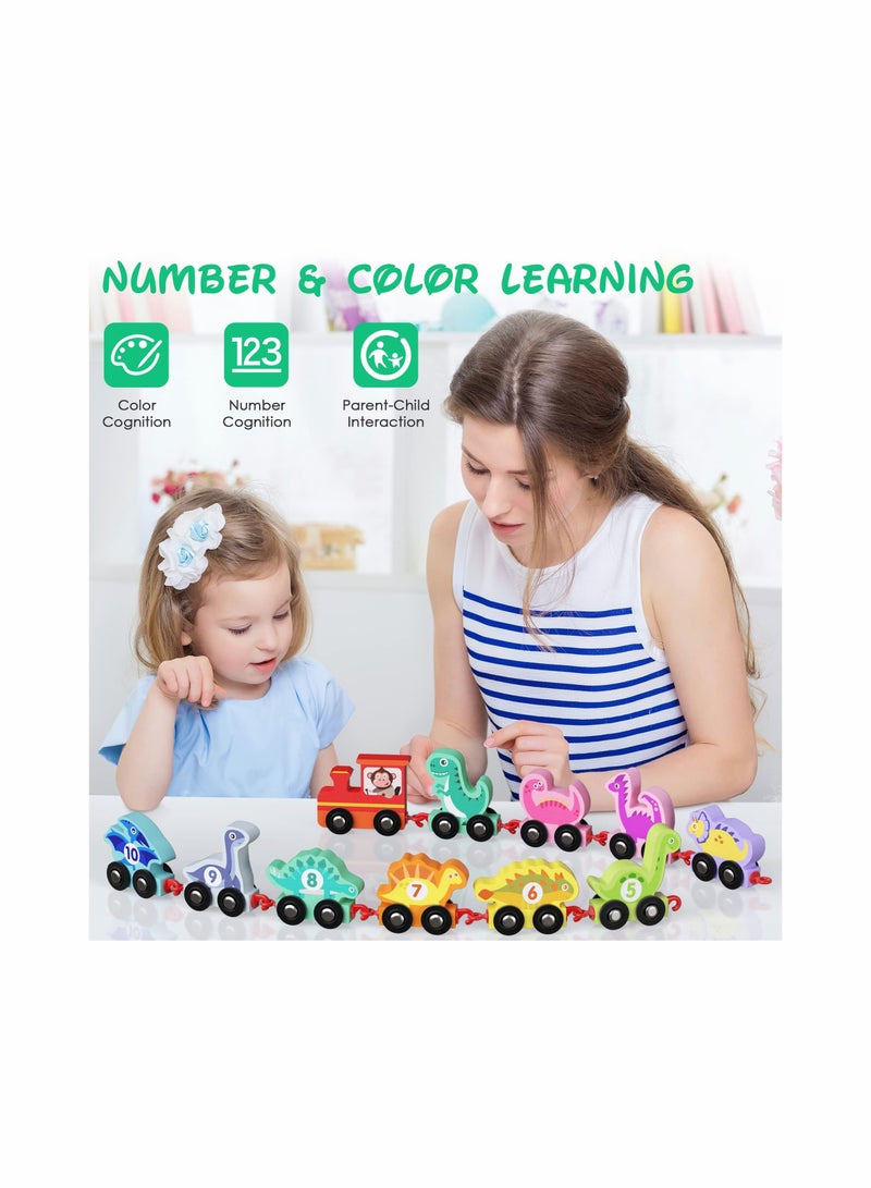 Wooden Dinosaur Train Set with Numbers,11 Pieces Train Cars Includes Locomotive , Count  Color Montessori Educational Toys for Toddlers Age 1 2 3 4 - Image 3