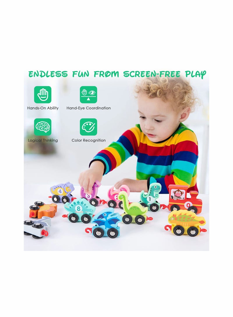 Wooden Dinosaur Train Set with Numbers,11 Pieces Train Cars Includes Locomotive , Count  Color Montessori Educational Toys for Toddlers Age 1 2 3 4 - Image 5