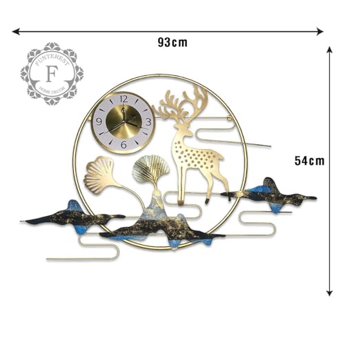 FUNTEREST Metal Wall Hanging Floral Handmade Wall Clock with Deer and Mountain Design, Gold, Nature Theme, Decorative Art with Functional Clock for Bedroom/Drawing Room/Hall/Dining Room 52 H X 93 w - Image 3