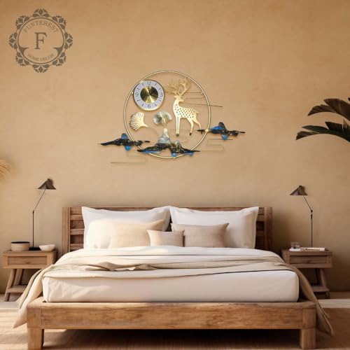 FUNTEREST Metal Wall Hanging Floral Handmade Wall Clock with Deer and Mountain Design, Gold, Nature Theme, Decorative Art with Functional Clock for Bedroom/Drawing Room/Hall/Dining Room 52 H X 93 w - Image 4