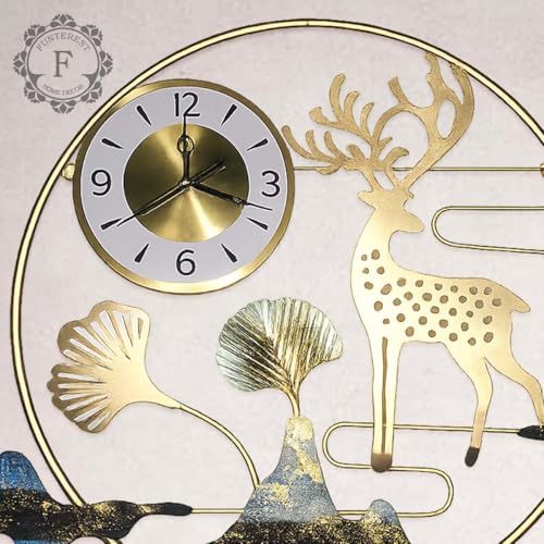 FUNTEREST Metal Wall Hanging Floral Handmade Wall Clock with Deer and Mountain Design, Gold, Nature Theme, Decorative Art with Functional Clock for Bedroom/Drawing Room/Hall/Dining Room 52 H X 93 w - Image 5