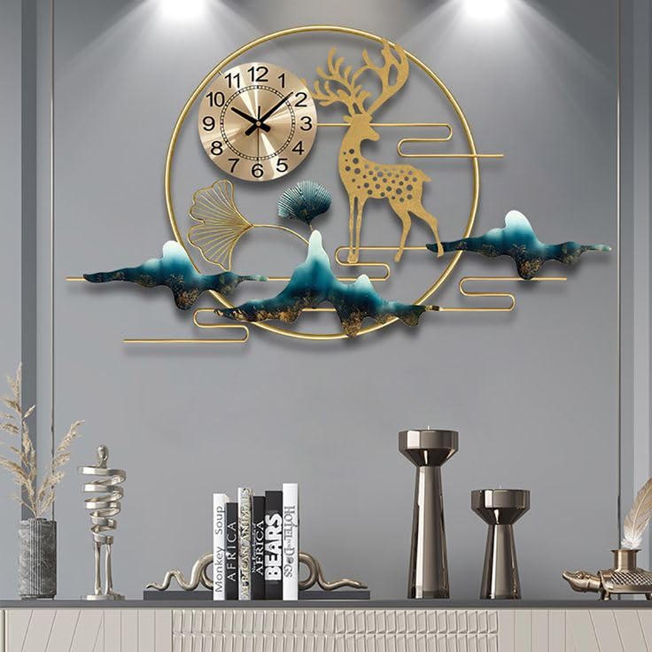 FUNTEREST Metal Wall Hanging Floral Handmade Wall Clock with Deer and Mountain Design, Gold, Nature Theme, Decorative Art with Functional Clock for Bedroom/Drawing Room/Hall/Dining Room 52 H X 93 w - Image 1