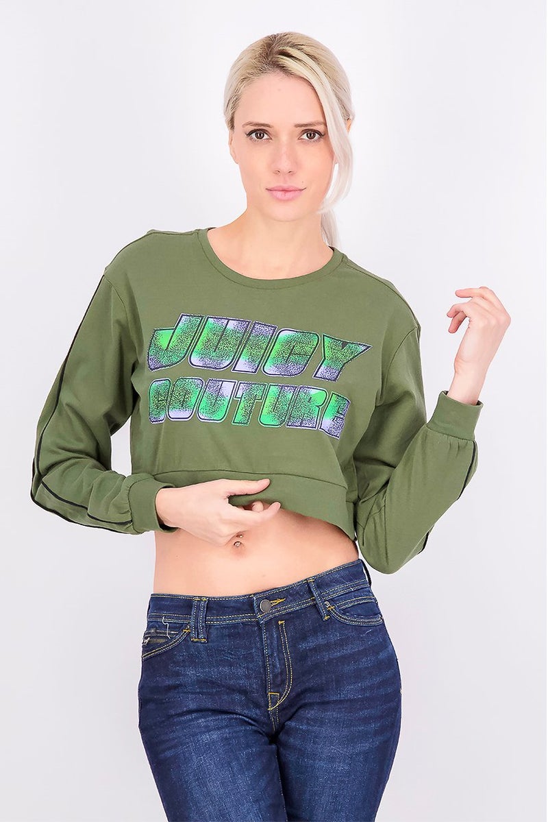 Juicy Couture Women Crew Neck Long Sleeve Graphic Sweater, Green - Image 1
