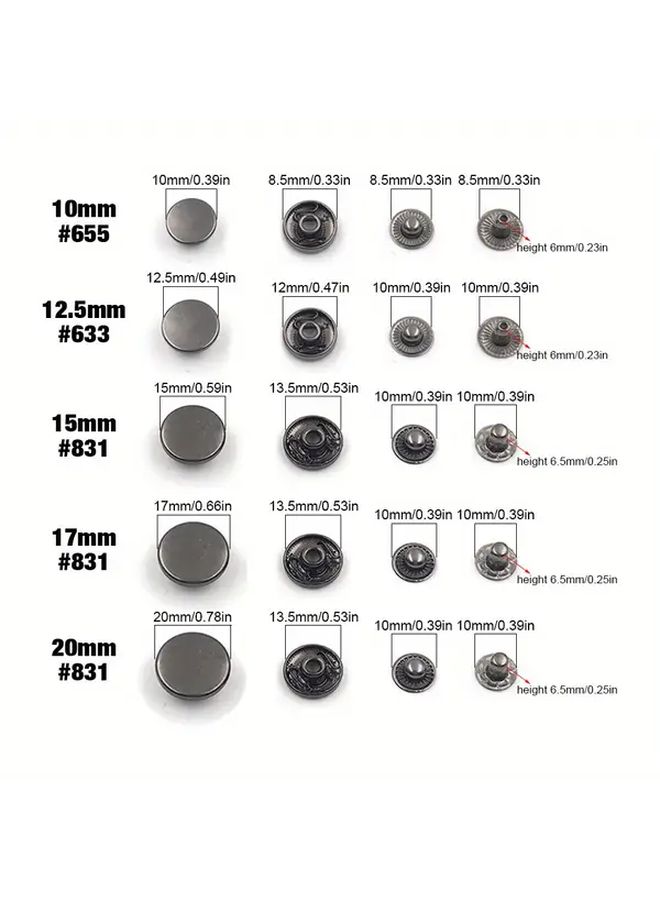 100 Pcs Black Nickel Metal Snap Buckles 10 12 5 15 17 20mm Size Assortment - Image 2