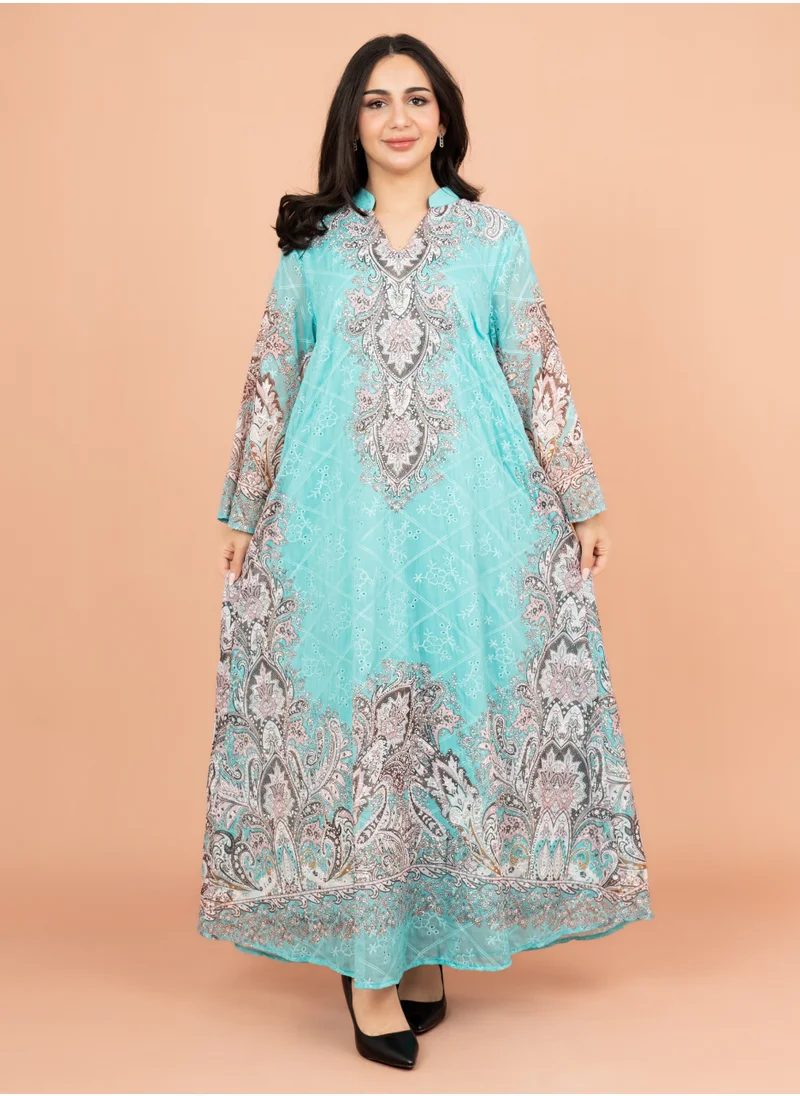 IKKXA Floral Pattern Printed Embroidered Jalabiya IK4011 Turquoise