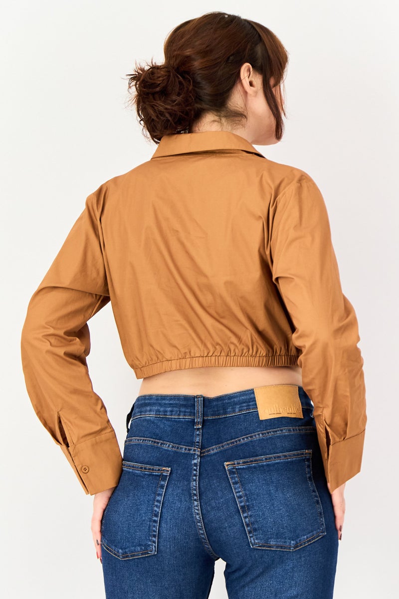 Public Desire x Kenza Women Curve Spread Collar Solid Shirt, Mocha - Image 3