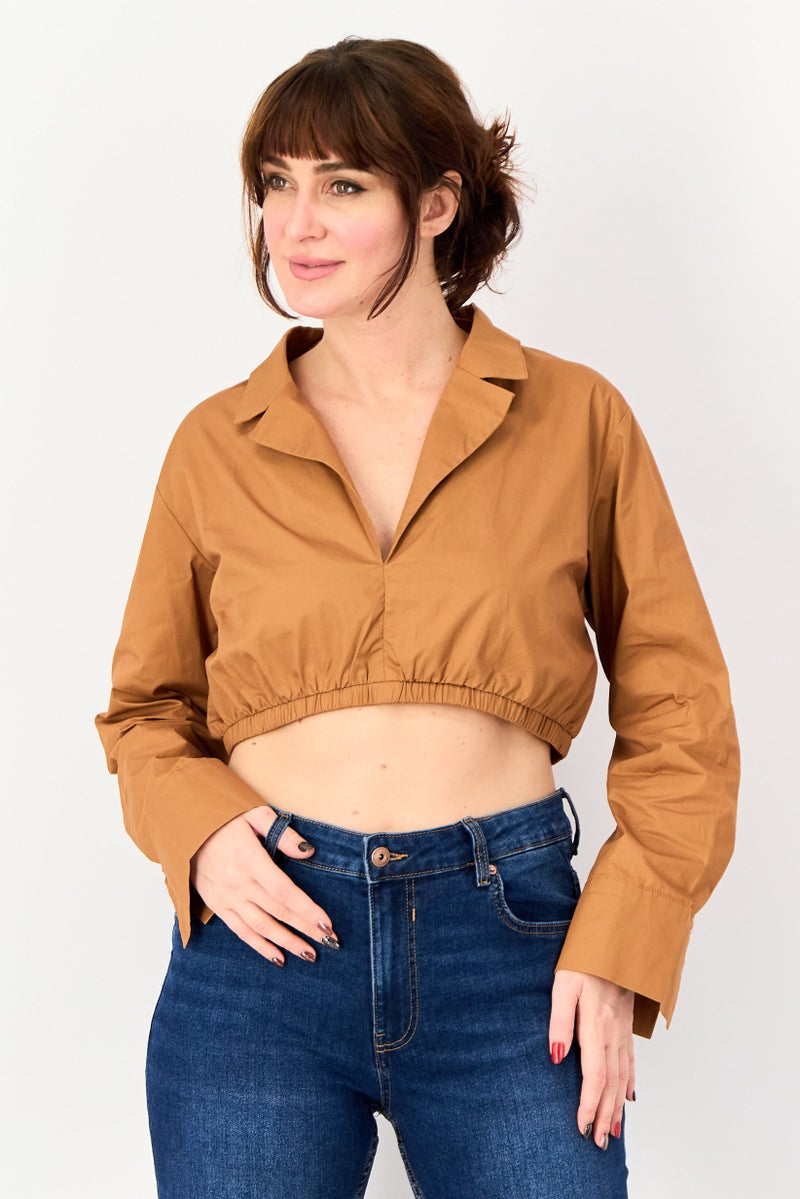 Public Desire x Kenza Women Curve Spread Collar Solid Shirt, Mocha - Image 1