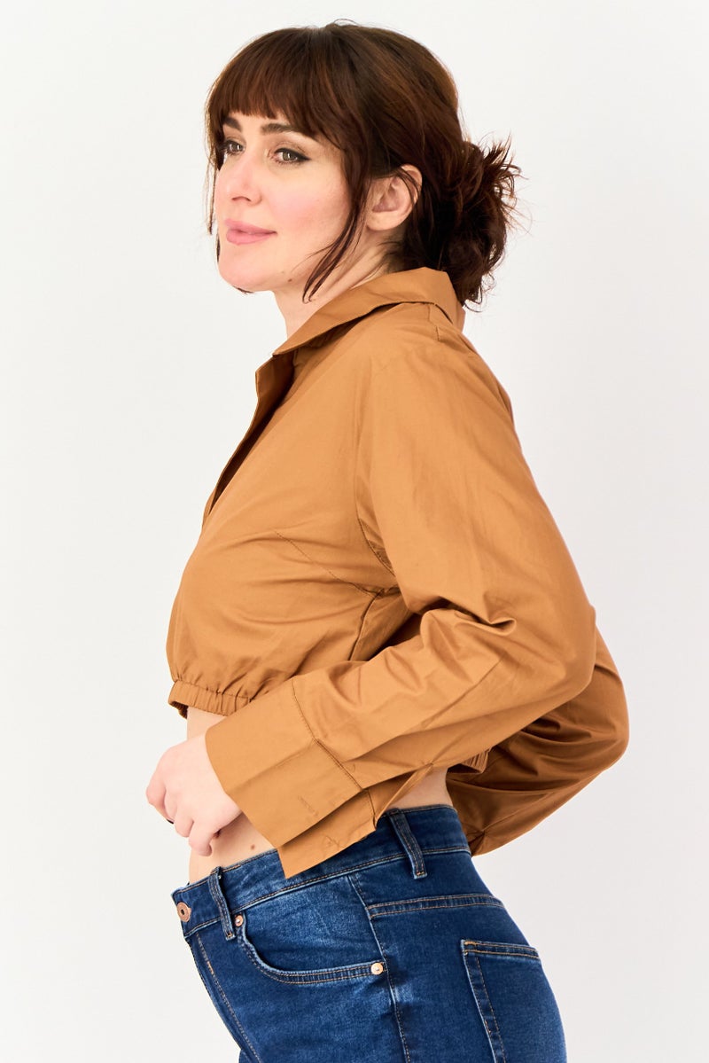 Public Desire x Kenza Women Curve Spread Collar Solid Shirt, Mocha - Image 2